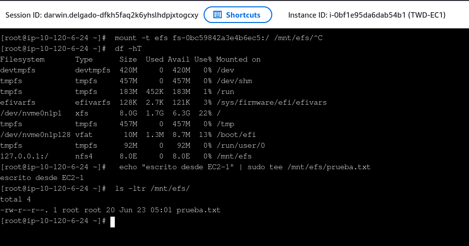Terminal de EC2-1 montando EFS y escribiendo el archivo de prueba